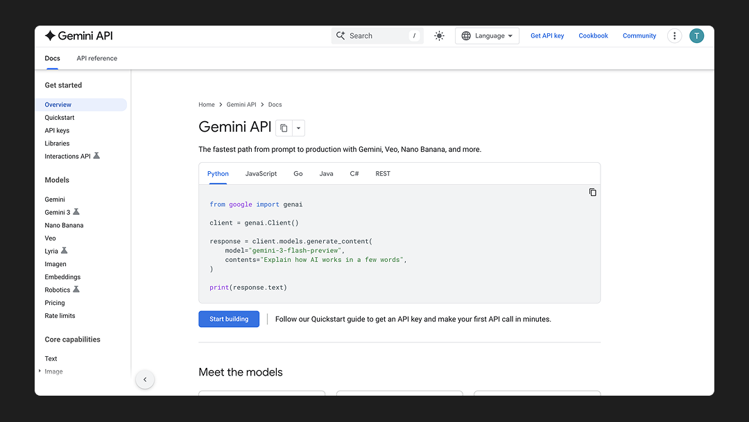 Gemini API page - click start building
