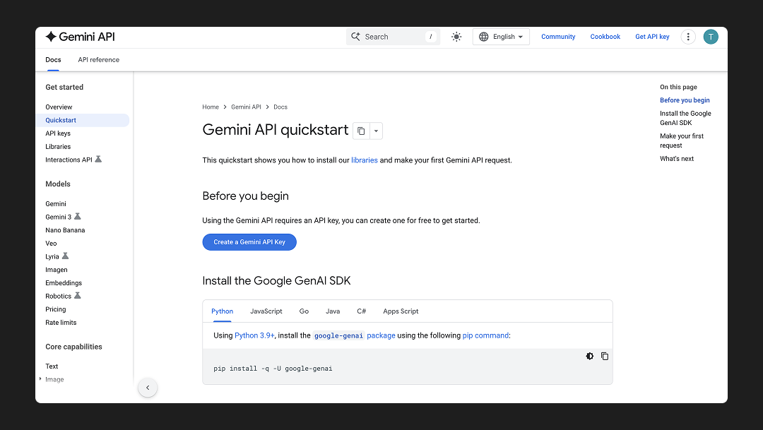 Gemini API quickstart - create API key