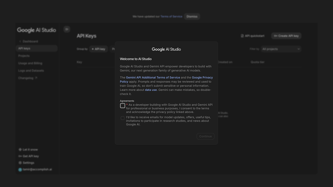 Welcome page to Google AI Studio