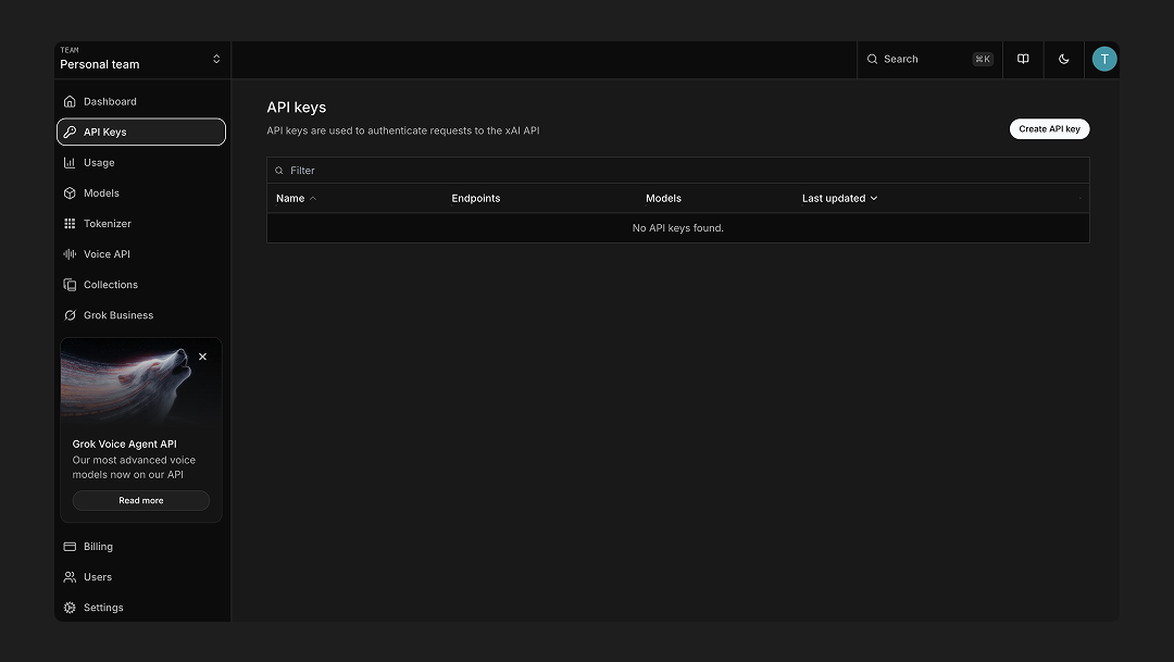 API keys window