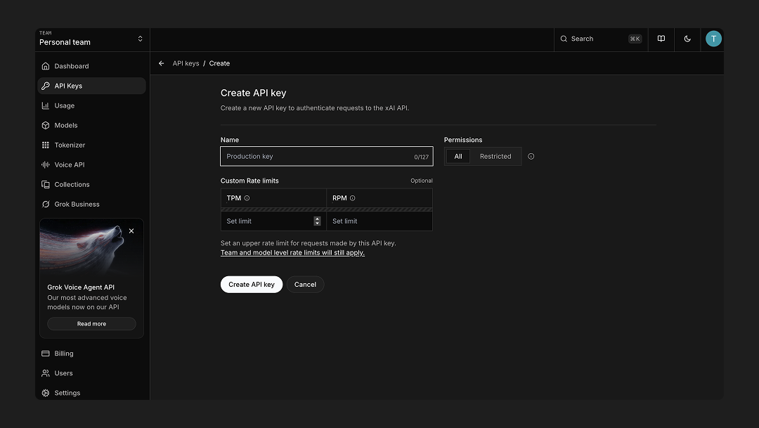 Create a new API key
