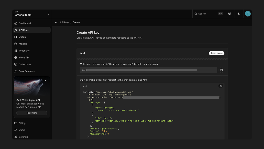 API key created - copy from this screen