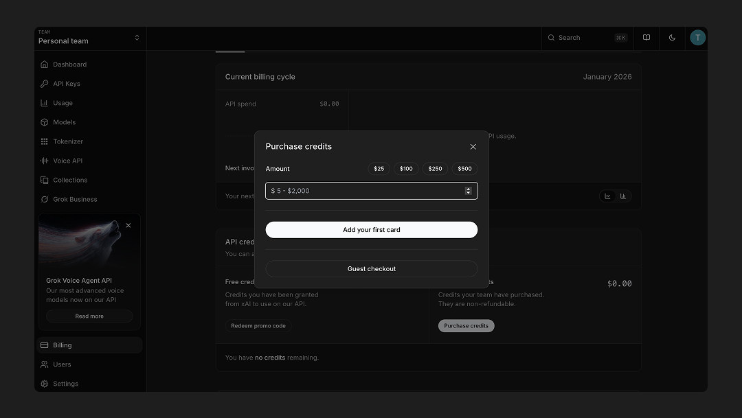 Credit purchase screen